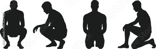 Kneeling and squatting man silhouette poses set, male human body positions black vector figures isolated on white background illustration