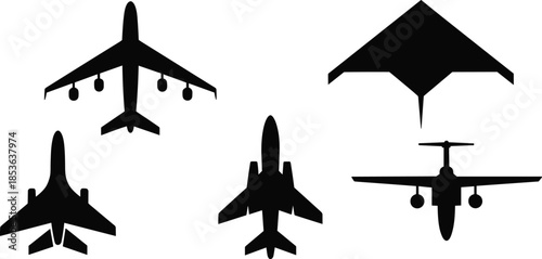 Aircraft silhouette vector, top view military planes, jet fighter clipart, bomber and stealth aircraft set, black isolated illustration