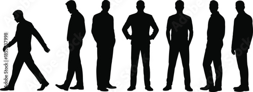 Male business silhouettes standing and walking, professional body poses, confident men figures, black human shapes isolated on white background set