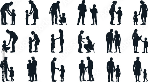 Parents and children interaction silhouette set, family care education and daily life moments, mother father kids black vector figures isolated