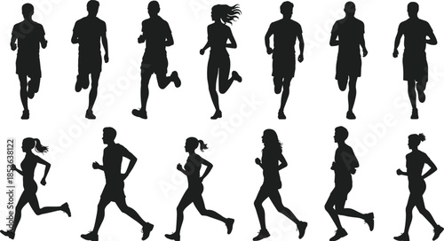 Running men and women silhouette set, jogging and sprinting athletic poses collection, fitness sport black vector people isolated background