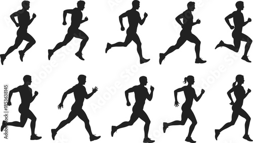Running men silhouettes set isolated on white background, male athlete sprint and jog motion poses collection for fitness, sport, vector illustration