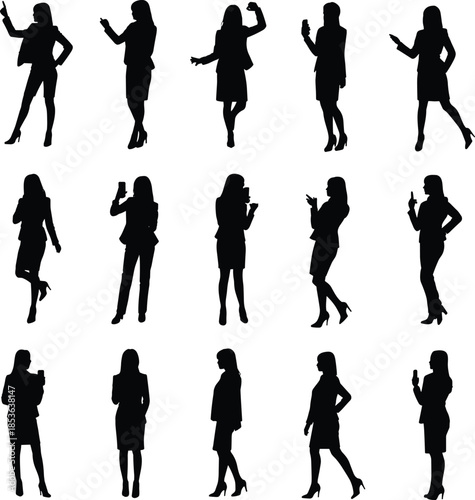 Business women silhouettes set isolated on white background, female professional poses with smartphone collection for office, corporate, vector illustration