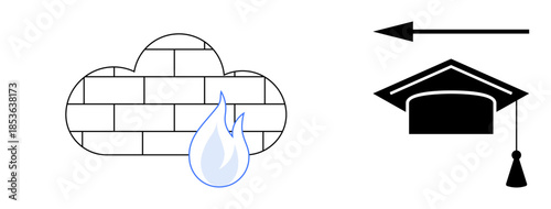 Cybersecurity concept. Cloud firewall with a flame and brick wall s cybersecurity. Graduation cap icon signifies academic and professional progress. For education, technology, security, apps, cloud