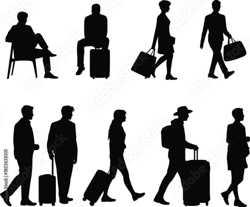 Travelers silhouette collection, men women with luggage walking sitting poses, airport journey lifestyle, tourism business travel concept illustration
