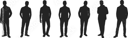Businessman silhouette vector, standing male poses, black figure clipart, casual and formal posture, isolated people illustration