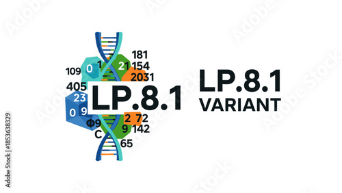 Genetic research illustration of the LP.8.1 variant featuring a DNA double helix, numerical data, and abstract geometric virus or protein shapes.