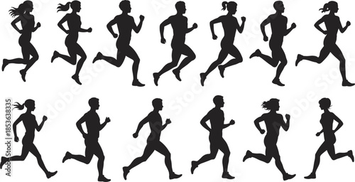 Running people silhouettes set isolated on white background, male and female jogger motion poses collection for fitness, sport, vector illustration
