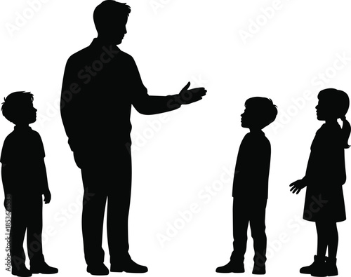 Father talking to children silhouettes, parenting guidance and family communication concept, dad teaching kids, black silhouettes isolated on white 