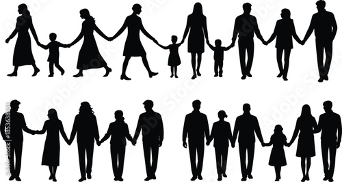 People holding hands silhouettes set isolated on white background, family unity togetherness poses collection for community, lifestyle, vector illustration