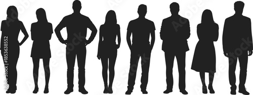 People silhouettes standing together, men and women lineup, diverse group concept, business casual figures, minimal black shadow illustration