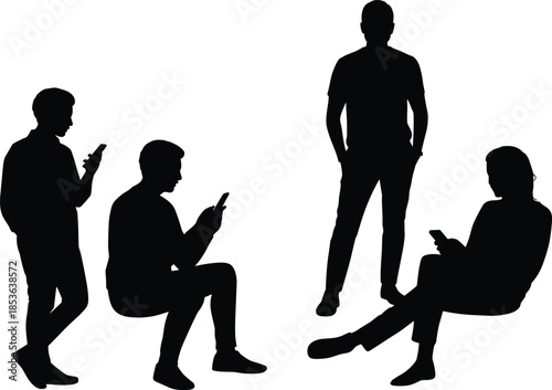 Silhouettes of diverse people using smartphones, modern technology addiction concept, social media communication, mobile lifestyle illustration isolated on white background