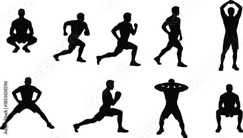 Fitness workout people silhouettes set isolated on white background, male exercise poses collection for training, gym, sport, vector illustration