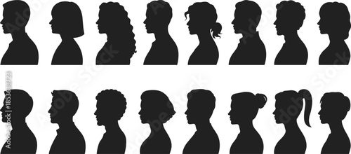 People profile silhouette set, male female head side view portraits, diverse human faces, black vector illustration, avatar identity collection, isolated on white background