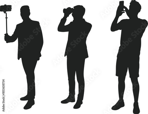 Photographer and videographer silhouettes using camera smartphone and selfie stick, modern content creators recording media isolated on white background set