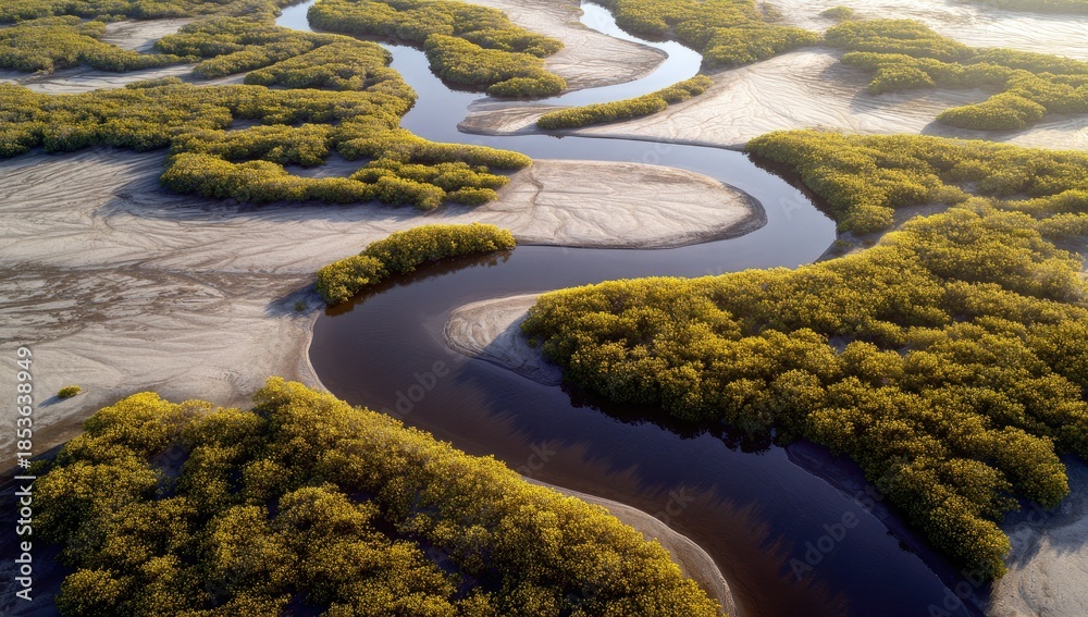 Naklejka premium Aerial view of a winding river with lush green vegetation and sandy banks