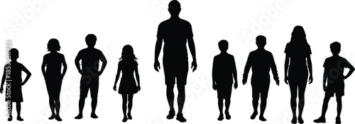 People walking silhouette lineup, adults and children standing together, human height comparison concept, black vector illustration isolated white background