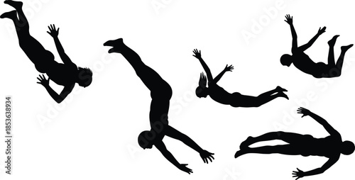 Falling human silhouettes in motion, abstract people floating, freedom concept, gravity, risk, failure, transition, psychology, surreal movement illustration