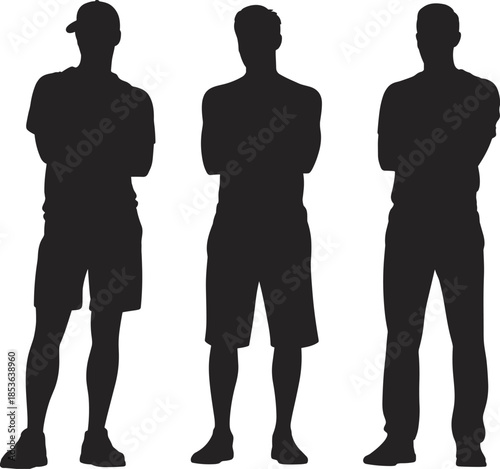Three men silhouette standing together, casual male poses, teamwork, friendship, confidence, unity, modern lifestyle, anonymous people illustration vector design