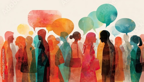 Abstract painting depicting a diverse group of people conversing with vibrant speech bubbles