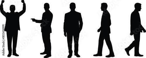 Business men silhouette gestures set, standing walking pointing celebrating poses, black male figures isolated on white background for design use