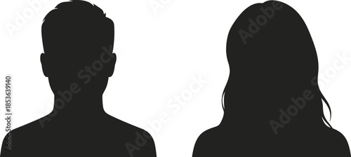 Male and female head silhouette profiles isolated on white background, anonymous people avatar icons set for profile, identity, vector illustration
