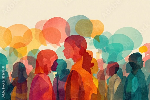 Silhouetted crowd with colorful speech bubbles overlapping, representing communication and community