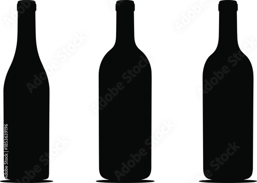 Wine bottle silhouettes collection, elegant glass alcohol containers, minimal black bottle shapes isolated on white background for branding design use