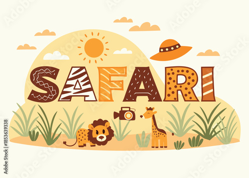 Whimsical safari adventure awaits, featuring lion, giraffe, camera, and sunhat in a playful, kid friendly design that evokes fun and exploration