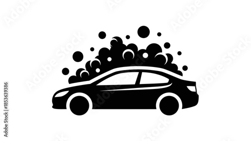Car wash service icon with soap bubbles. Silhouette of a sedan being cleaned. Automotive detailing and maintenance symbol. Black and white vector.