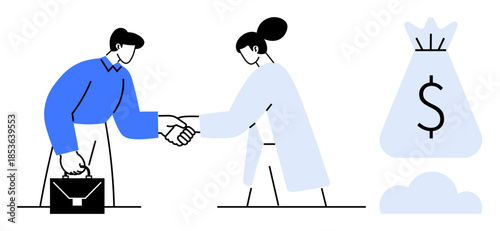 Two professionals shaking hands, one holding a briefcase, next to a money bag icon. Ideal for business partnerships, financial success, teamwork, negotiations, deals, agreements collaborations
