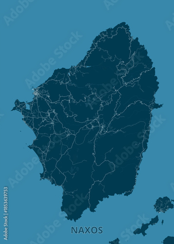 Map of Naxos Island, Greece, is presented in a teal and dark teal color scheme. The island's shape is clearly defined, with intricate details showing roads and geographical features in a lighter teal.