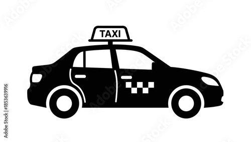 Taxi car silhouette icon. Minimalist black sedan with taxi roof sign and checkerboard pattern. Vector illustration for urban transport and ride-hailing services
