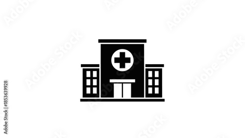 Hospital building icon with medical cross symbol. Minimalist clinic or medical center silhouette. Black vector illustration for healthcare and emergency services.