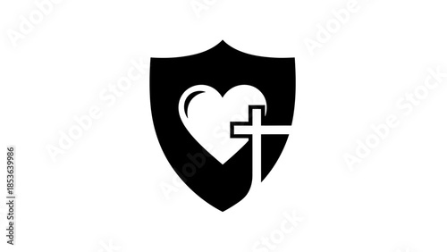 Religious shield icon with heart and cross. Christian protection symbol for church, ministry, or faith-based branding. Solid black silhouette isolated on white.