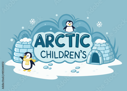 Adorable Arctic Children's Scene with Playful Penguins and Cozy Igloos for Winter Fun and Educational Resources, Perfect for Kids' Books and Learning