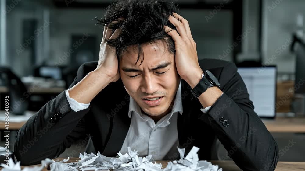 Video professional strain: weary employee, brain drain, task stress ...