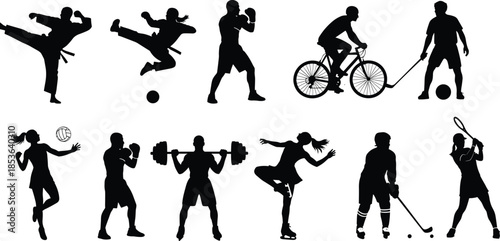 Athlete silhouettes sports activities collection, martial arts cycling boxing fitness hockey tennis poses, dynamic training competition illustration isolated