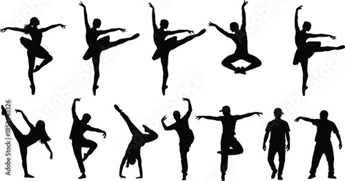 Ballet and contemporary dance silhouettes showing graceful movement flexibility balance artistic performance dancers isolated on white background illustration