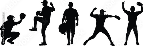 Baseball player silhouettes, pitching throwing catching batting poses, professional athletes action, isolated sports illustration collection training competition team concept design