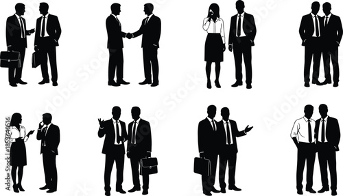Business people silhouettes communicating and shaking hands, professional corporate interaction scenes, black human figures collection isolated on white background