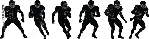 American football player silhouettes running poses, powerful athlete motion, sports action concept, isolated professional gridiron illustration collection