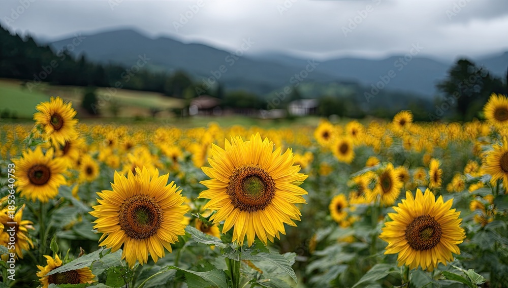 Fototapeta premium Vast field of bright yellow sunflowers under a cloudy sky with distant mountains
