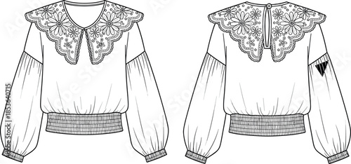 Technical fashion sketch (front and back view) of an elegant surplice blouse with a draped V-neckline, shirting waist, and wide buckle belt, vector template for chic apparel design.