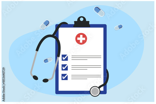 Medical health check. Stethoscope with medical check list board. Medical and health insurance concept.

