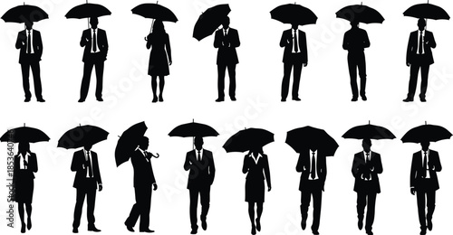 Business people silhouettes walking with umbrellas, rain city lifestyle, male female professionals commuting, corporate fashion illustration collection set design assets