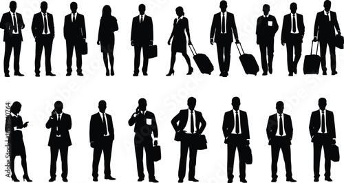 Business traveler silhouettes walking standing, male female professionals with luggage briefcases, corporate commute lifestyle, isolated workforce illustration collection, set design