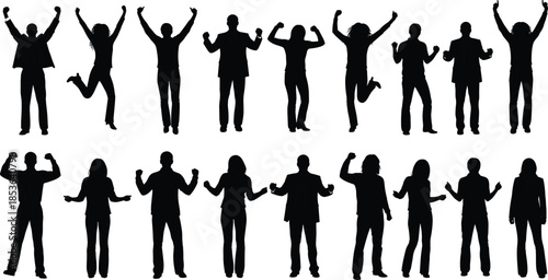 Celebrating people silhouettes jumping and cheering success, happy crowd victory poses, black human figures collection isolated on white background