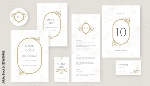 Printed wedding card set in Italian style. Elegant cards with  classic pattern and floral branches.
