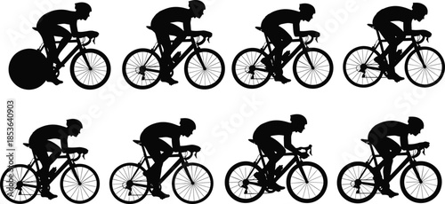 Cyclist silhouettes racing bicycles, professional road cycling action poses, speed endurance competition, isolated sports illustration collection training team athletes concept